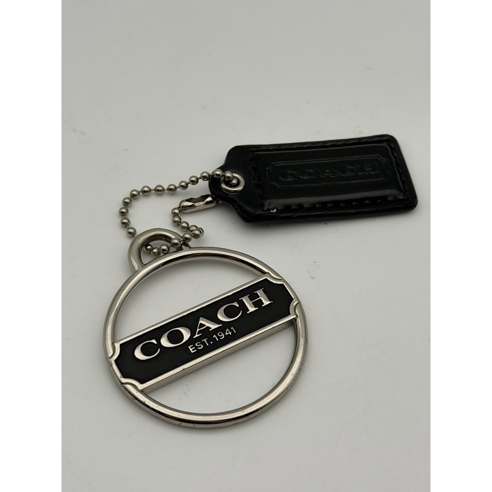 COACH Keychain Silvertone Metal Medallion Logo Purse Charm W/ Small Black Tag